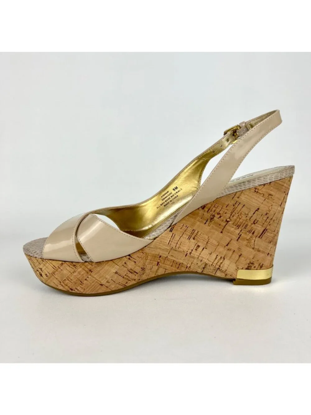 Marc Fisher Womens Wasin II Nude Tan Wedge Sandal Cork Platform Peep Toe size 9